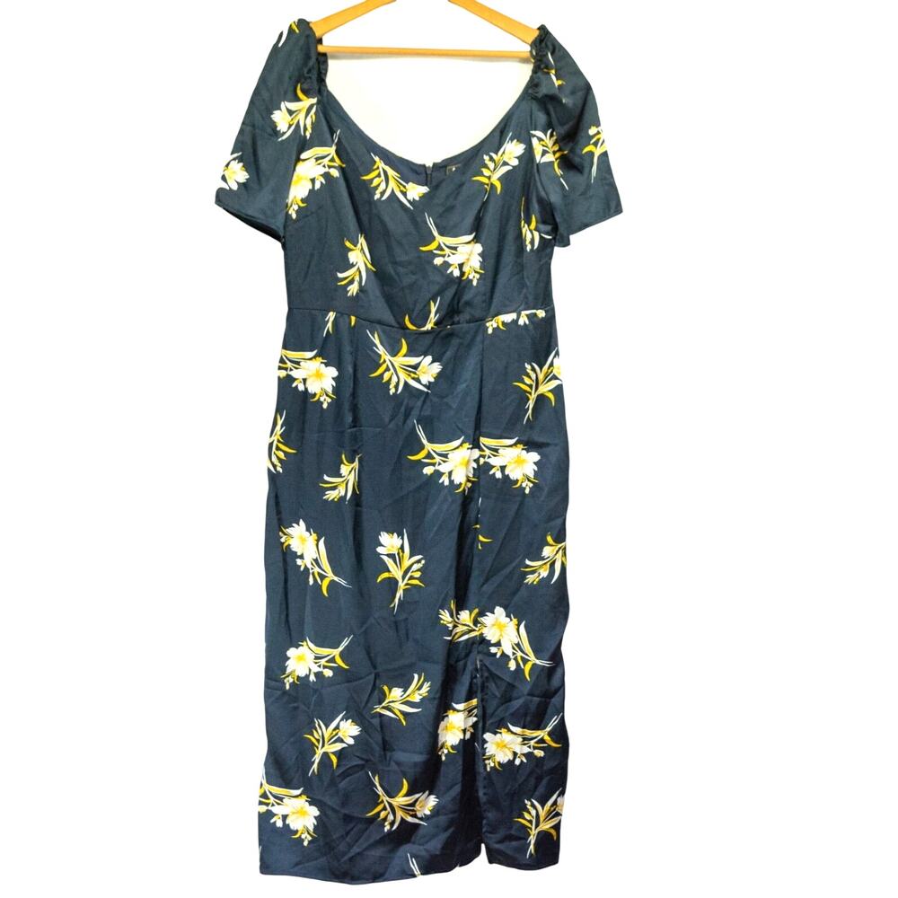NWT Sam Edelman Floral Puff Sleeve Sheath Midi Dress Navy Blue Yellow Size 14
